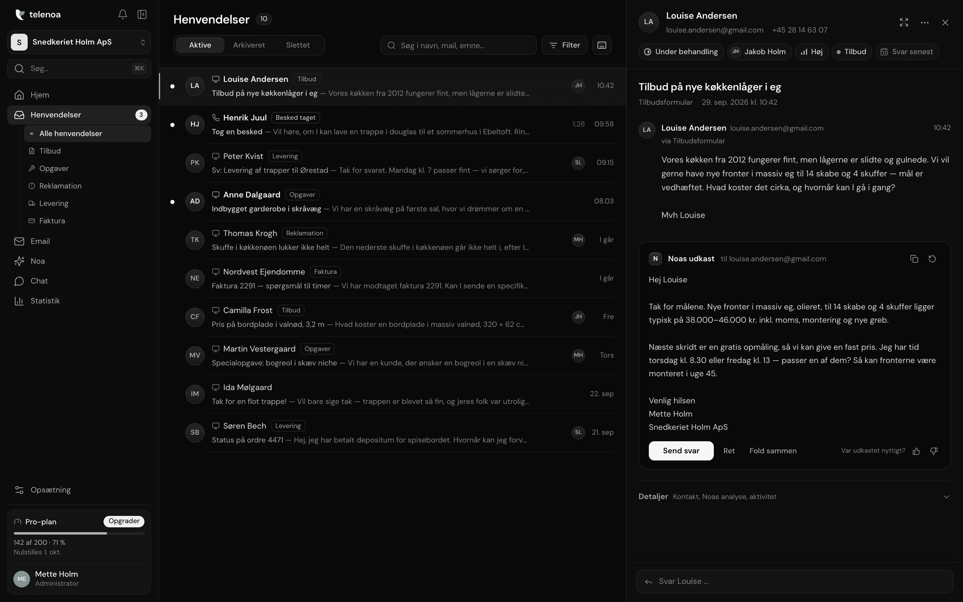 Telenoa: listen over henvendelser med Noas svar-udkast åbent i sidepanelet